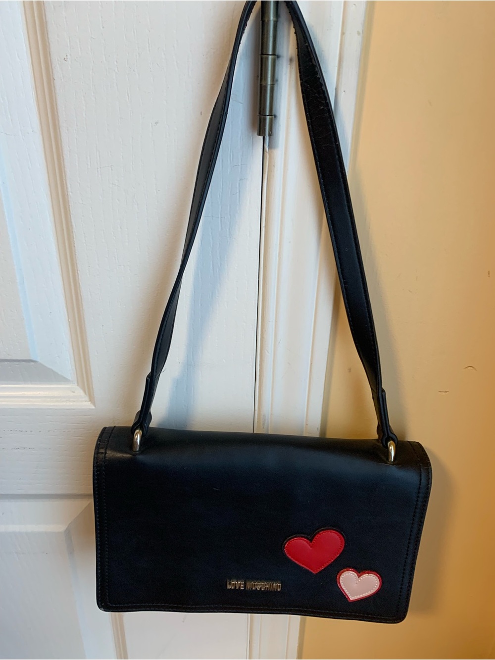 Love Moschino Black Shoulder Bag with Red and Pink Heart Appliqués